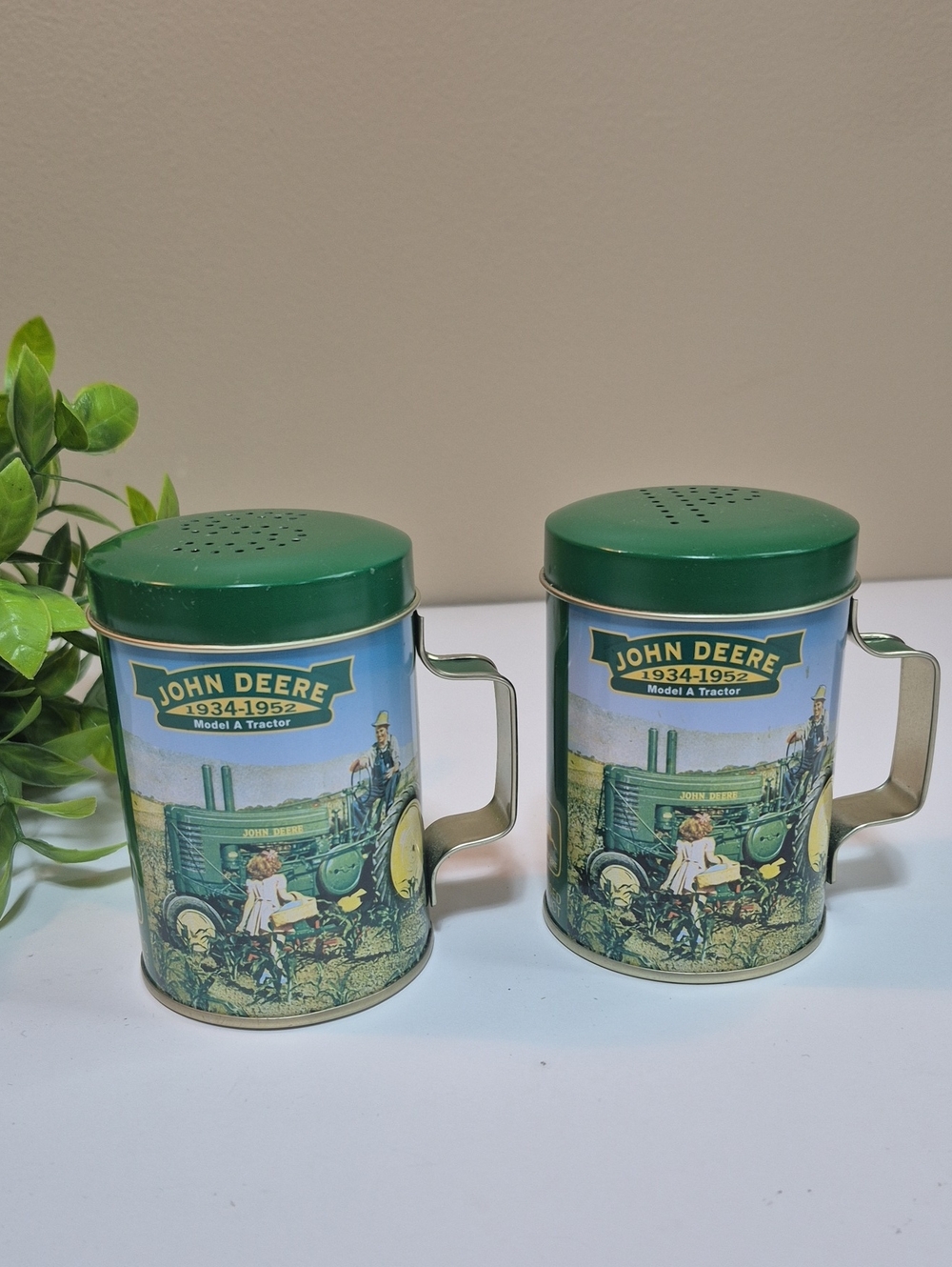 JOHN DEERE Metal Salt & Pepper Shakers 1934 to 1952 Model A Tractor Graphic